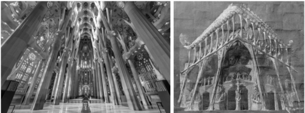 Sagrada Familia : Vue intérieure de la nef centrale soutenue par des arcs paraboliques. Gaudi: dessin de la façade de la Passion (1910).