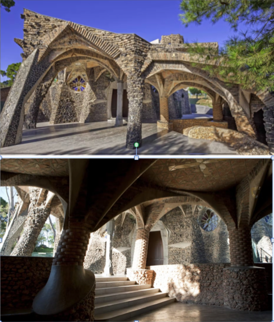 Crypte de la Colonia Güell: Vues des colonnes du portique de l’église.