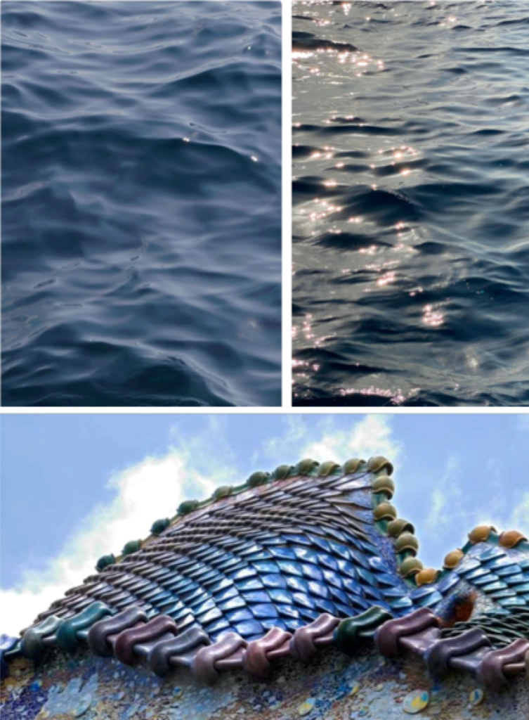 Détails de la surface de la mer Méditerranée: formes d'eau en mouvement. Casa Batlló : détail du profil articulé du toit, et de la pente de la façade principale