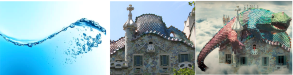 Vue scientifique d’une vague ; détail du toit de Casa Batlló ; image virtuelle où le toit de Casa Batlló est transformé en dragon.