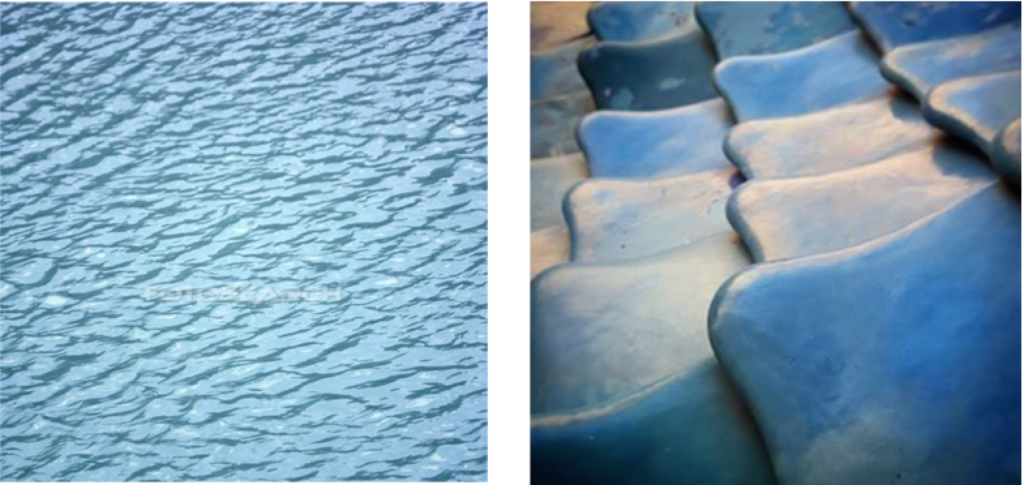 Photographie aérienne de la surface de la mer. Casa Batlló : Carreaux de céramique superposés et décorés, se terminant par une pointe arrondie dans le toit. Photo : @startexploring.