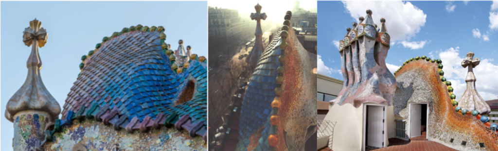 Casa Batlló: Vue de la pente intérieure du toit qui surplombe le toit-terrasse, connecté directement à l'un des groupes de cheminées transformées en volutes de fumée qui se dissolvent. Vue de la limite où se rejoignent le talus de la façade principale au thème marin et le talus arrière qui se transforme en traces de fumée. Vue de la pente de la façade principale.