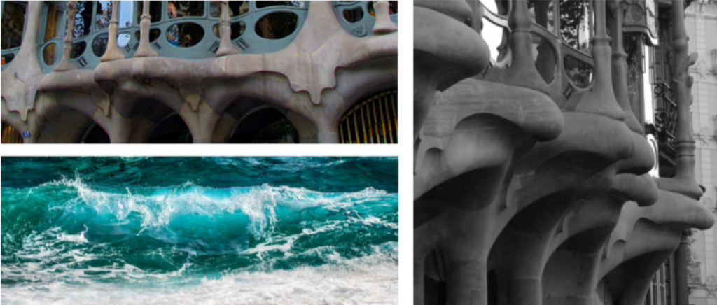 Casa Batlló : Détail de la partie inférieure de la façade principale qui matérialise une grande vague qui se jette sur le trottoir ; détail d’une vague dans la Méditerranée.