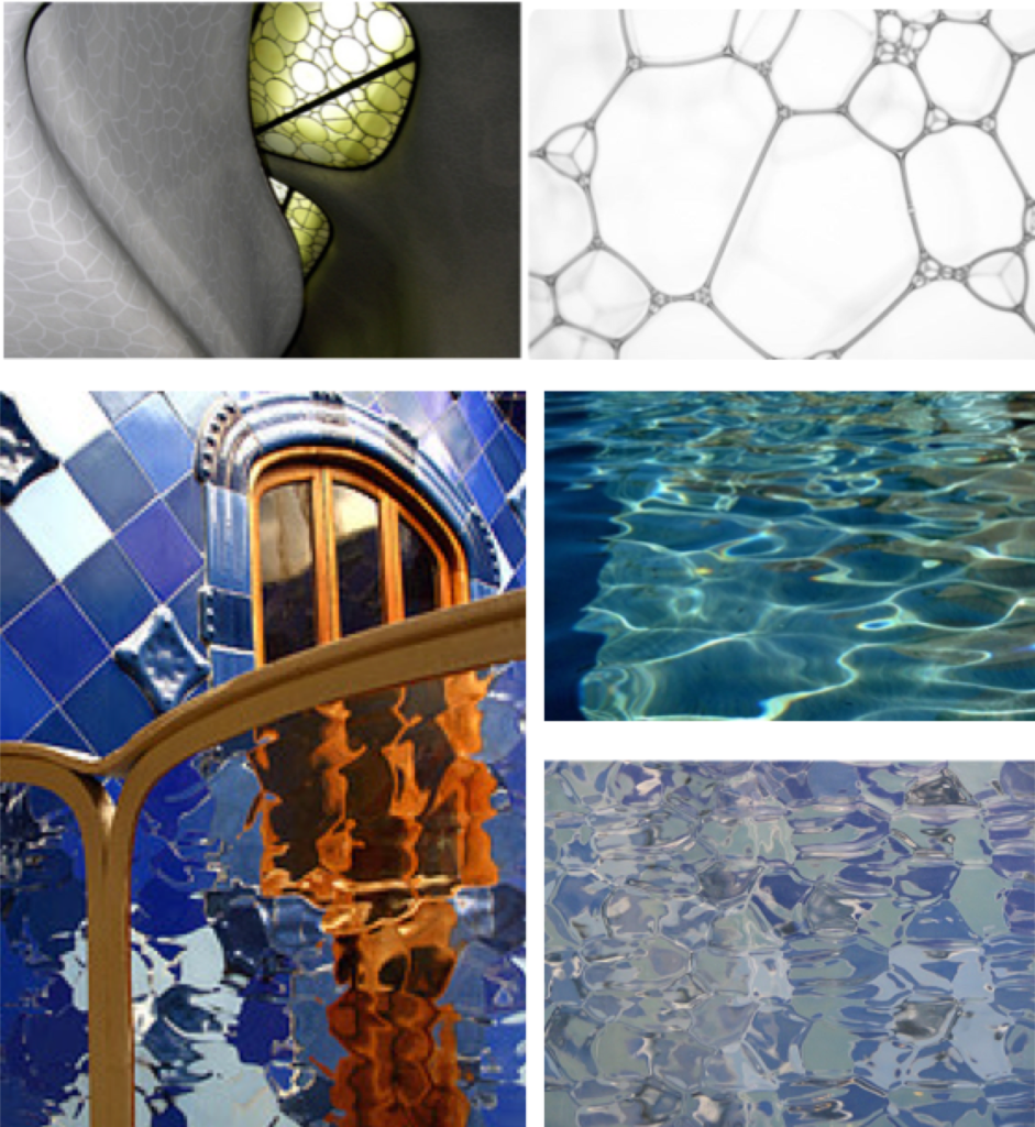 Casa Batlló : détail de deux lucarnes dans l’escalier principal décorées de vitraux ; image scientifique des molécules d’eau. Détail de l’escalier des voisins avec écrans de sécurité en verre. Image agrandie de l’eau de la mer calme ; détail de la texture du verre qui l’imite dans les écrans de l’escalier.