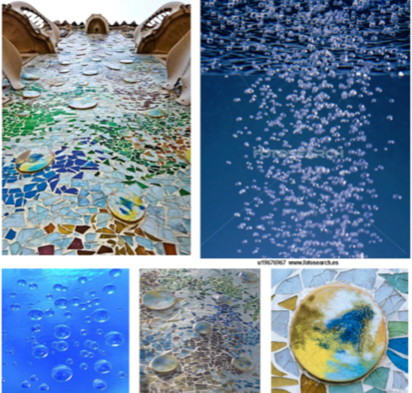 Casa Batlló : Détail de la disposition des disques d'argile colorée, -comme des bulles qui s’élèvent sur le mur de façade ondulé recouvert en trencadís de verre. Bulles d'oxygène dans l'eau, photographie scientifique.
Casa Batlló: Disque d'argile coloré aux oxydes naturels. Attribué à J.M. Jujol.