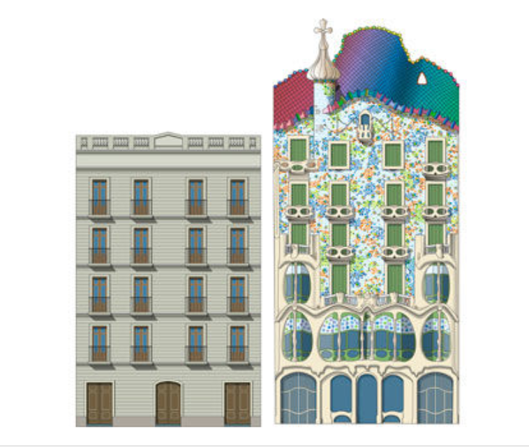 A gauche : façade existante avant la transformation par Gaudi; à droite : façade actuelle.
