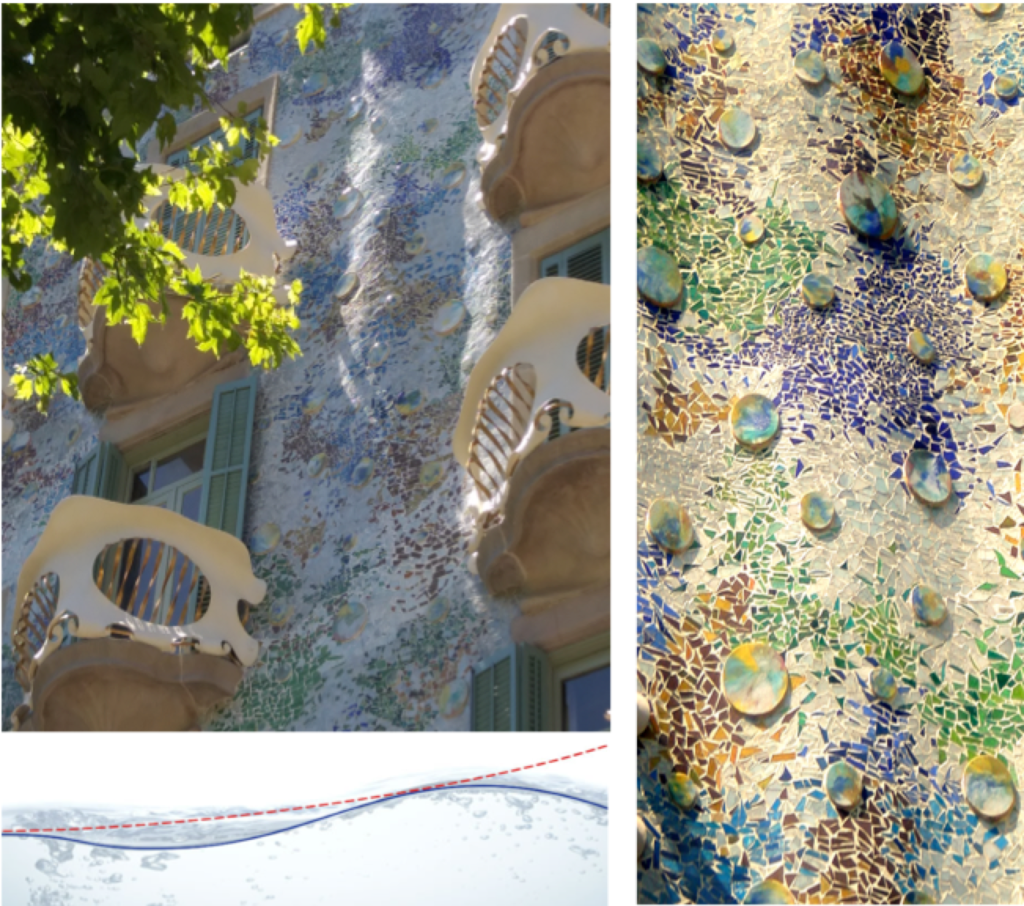 Casa Batlló : détail de la façade principale avec le parement ondulé comme la surface de la mer calme. Image scientifique du mouvement ondulant de l’eau de mer calme. Détail du trencadís et des ombres marines.